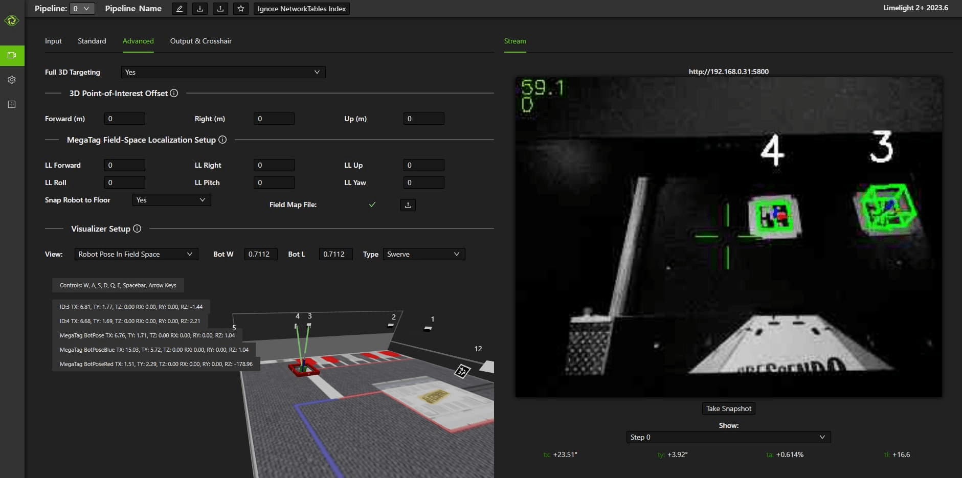 Limelight vision coprocessor dashboard showing AprilTag detection and 3D field pose estimation